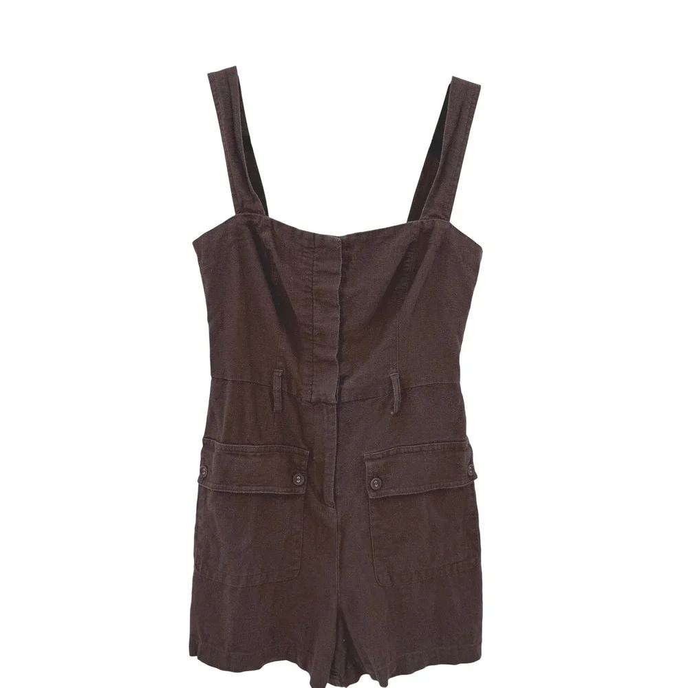House‎ of Harlow 1960 Brown Linen Blend Utility Short Romper Button Front Sz 4